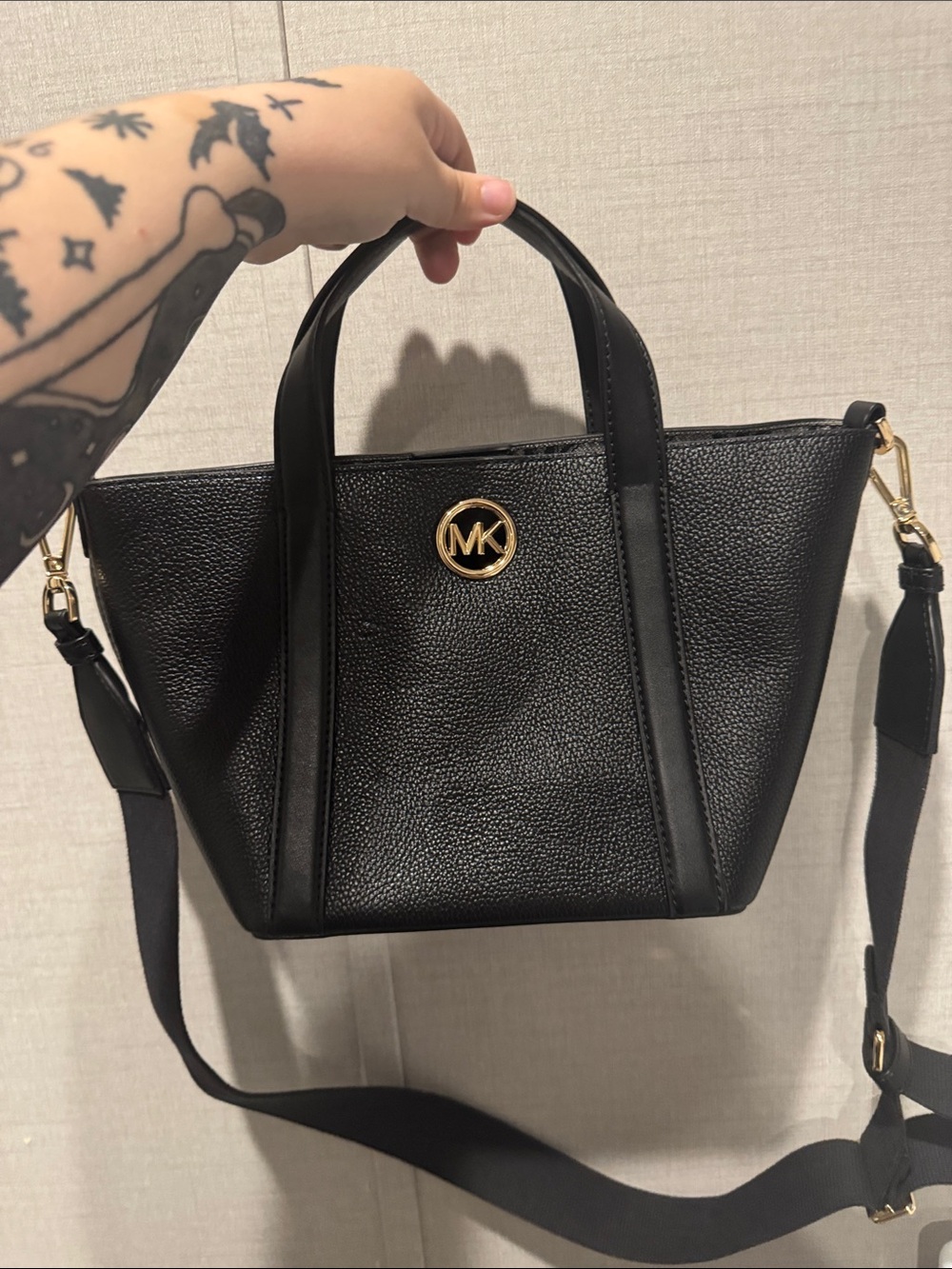 Michael Kors Black Pebbled Leather Satchel with Gold MK Emblem